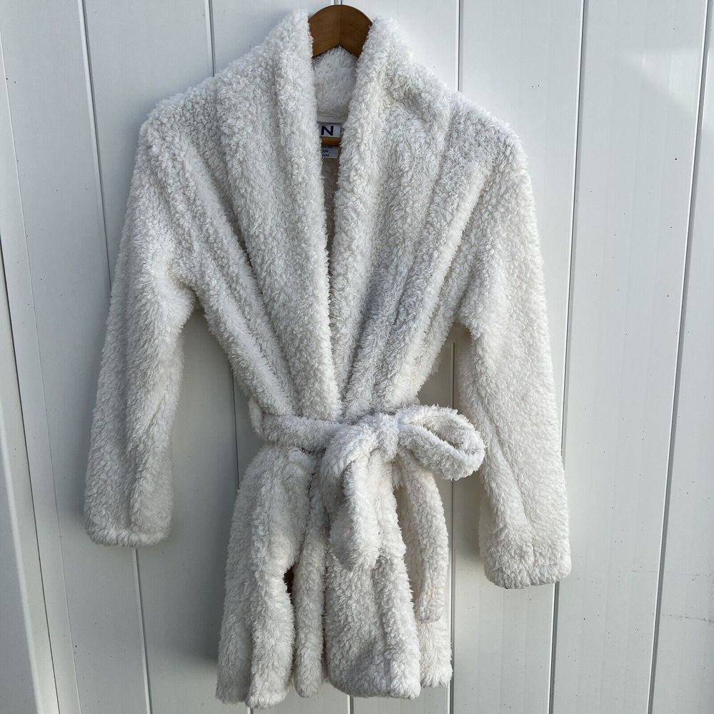 NATORI L/S Ivory Sherpa Fleece Short Belted Plush Lounge Cardigan Robe S/M Cozy